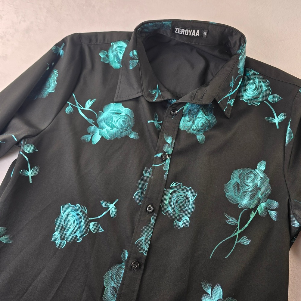ZEROYAA Mens M Black Teal Metallic Rose Floral Print Button Up Dress Shirt‎ Long